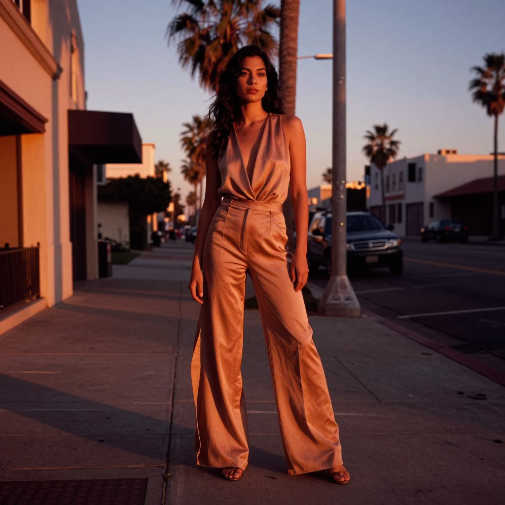 Fashion Portrait in Los Angeles at Copper-toned Light Before Dusk in in Los Angeles, California, United States