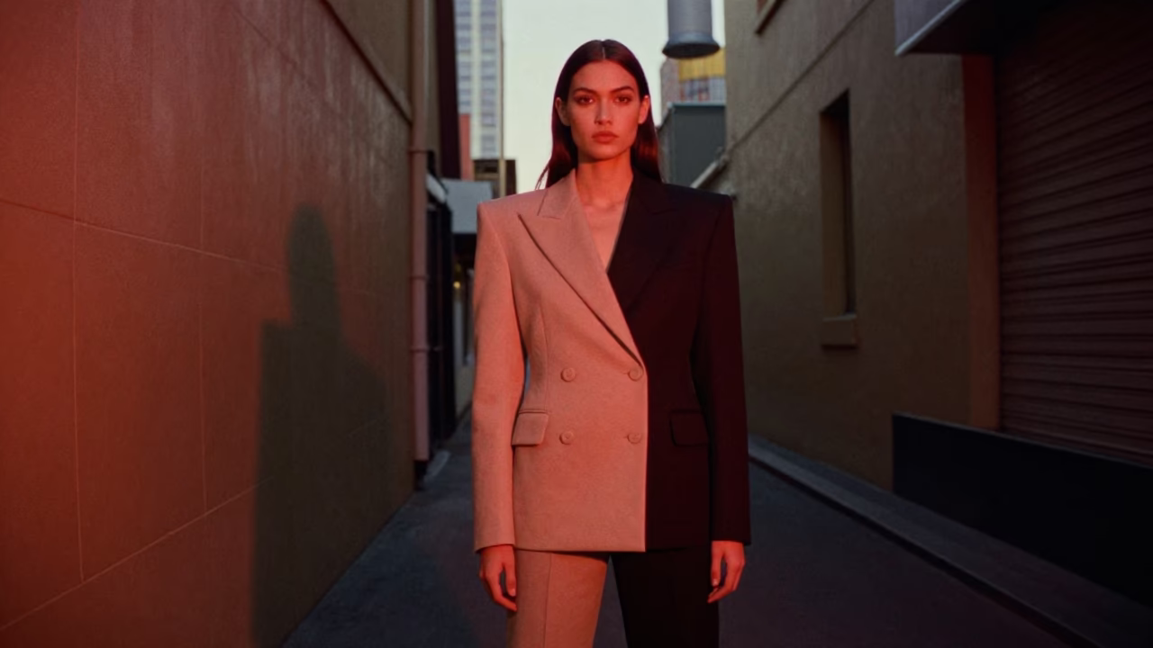 Fashion Portrait in Melbourne at Copper-toned Light Before Dusk in in Melbourne, Victoria, Australia