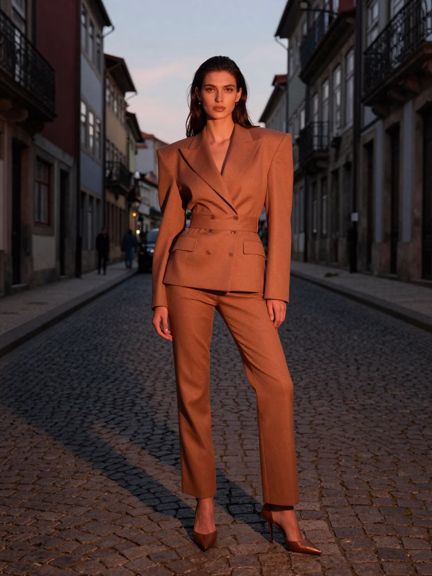 Fashion Portrait in Porto at Copper-toned Light Before Dusk in in Porto, Portugal