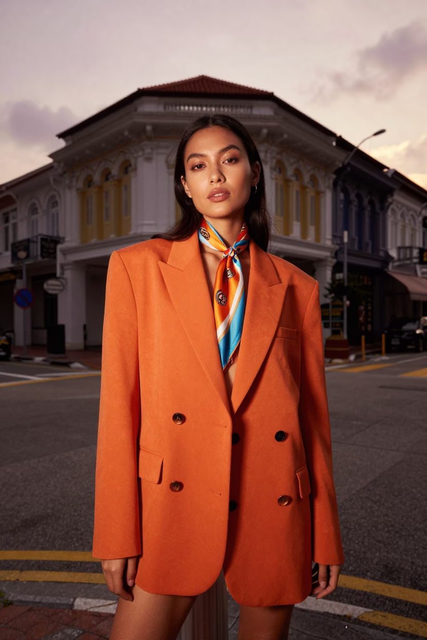 Fashion Portrait in Singapore at Copper-toned Light Before Dusk in in Singapore, Singapore