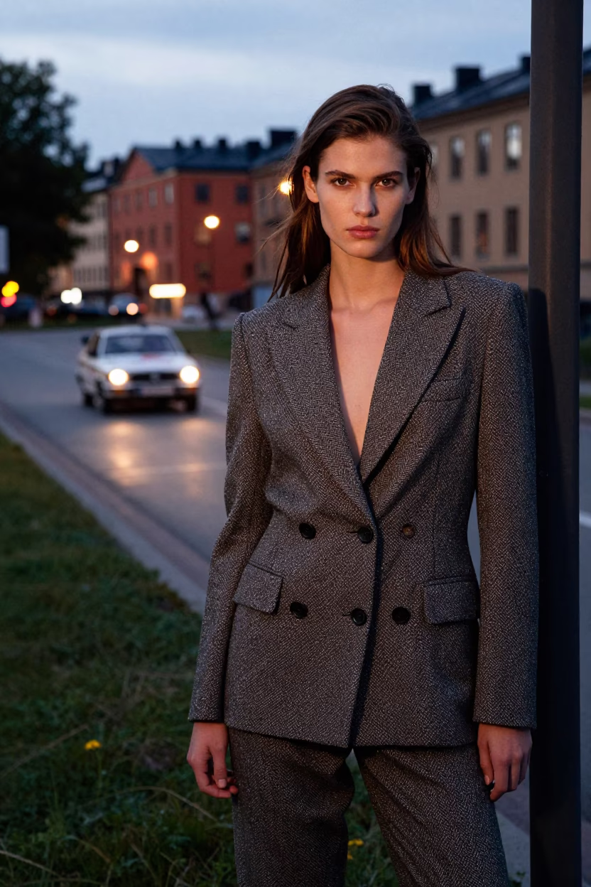 Fashion Portrait in Stockholm at As City Lights Begin To Glow in in Stockholm, Sweden
