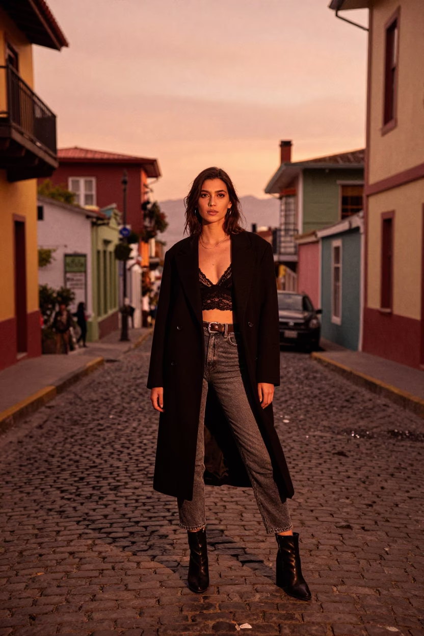 Fashion Portrait in Valparaiso at Copper-toned Light Before Dusk in in Valparaiso, Chile