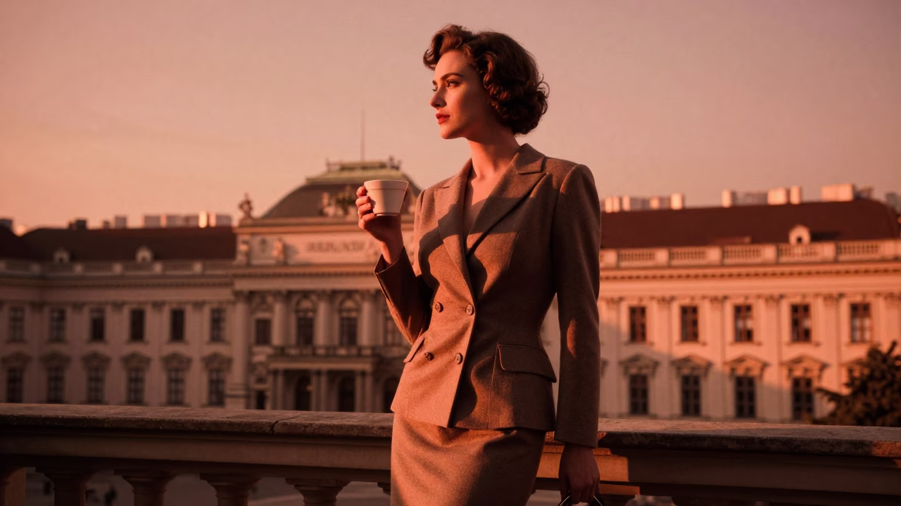 Fashion Portrait in Vienna at Copper-toned Light Before Dusk in in Vienna, Austria