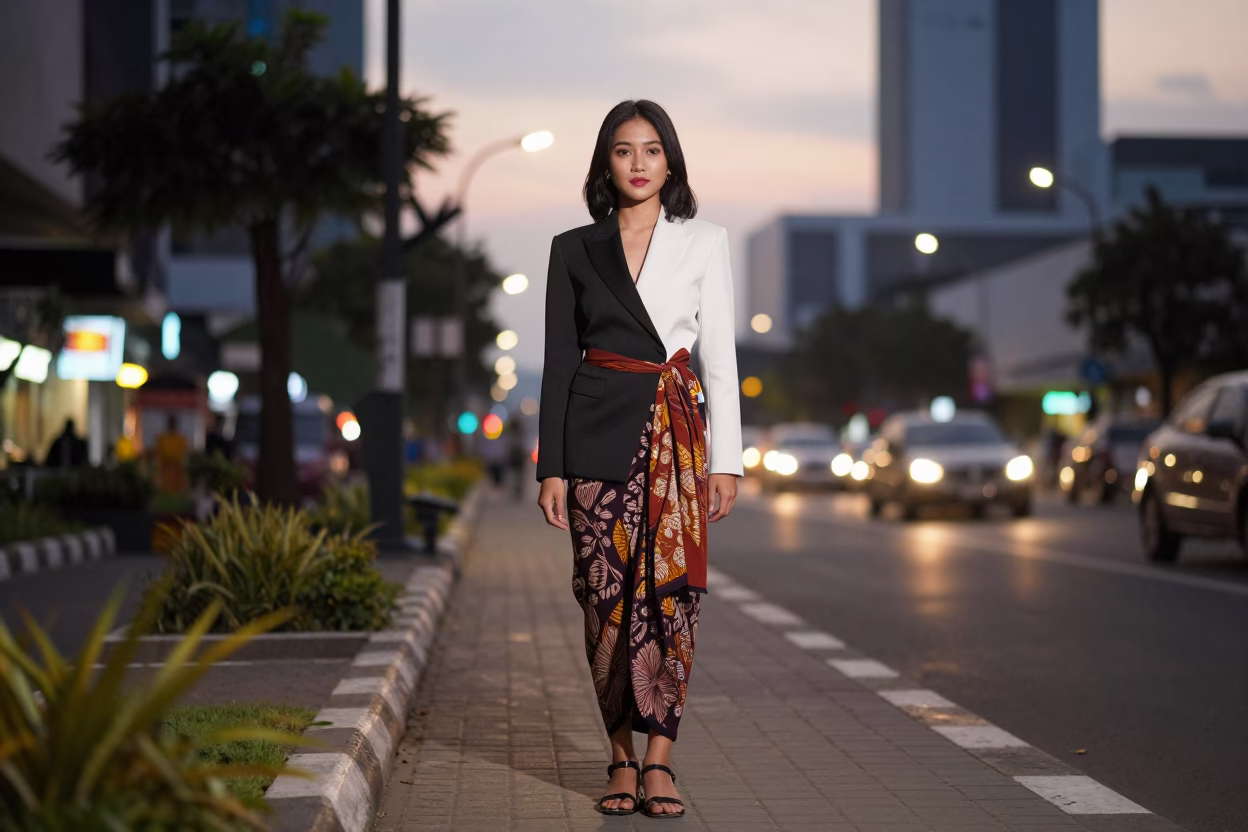 Fashion Portrait in Yogyakarta at As City Lights Begin To Glow in in Yogyakarta, Indonesia