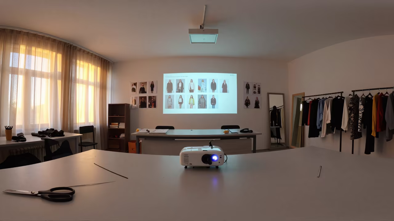 Fashion Projector Light on Niğde Tailoring Table in at a tailoring table strewn with chalk and shears in Niğde