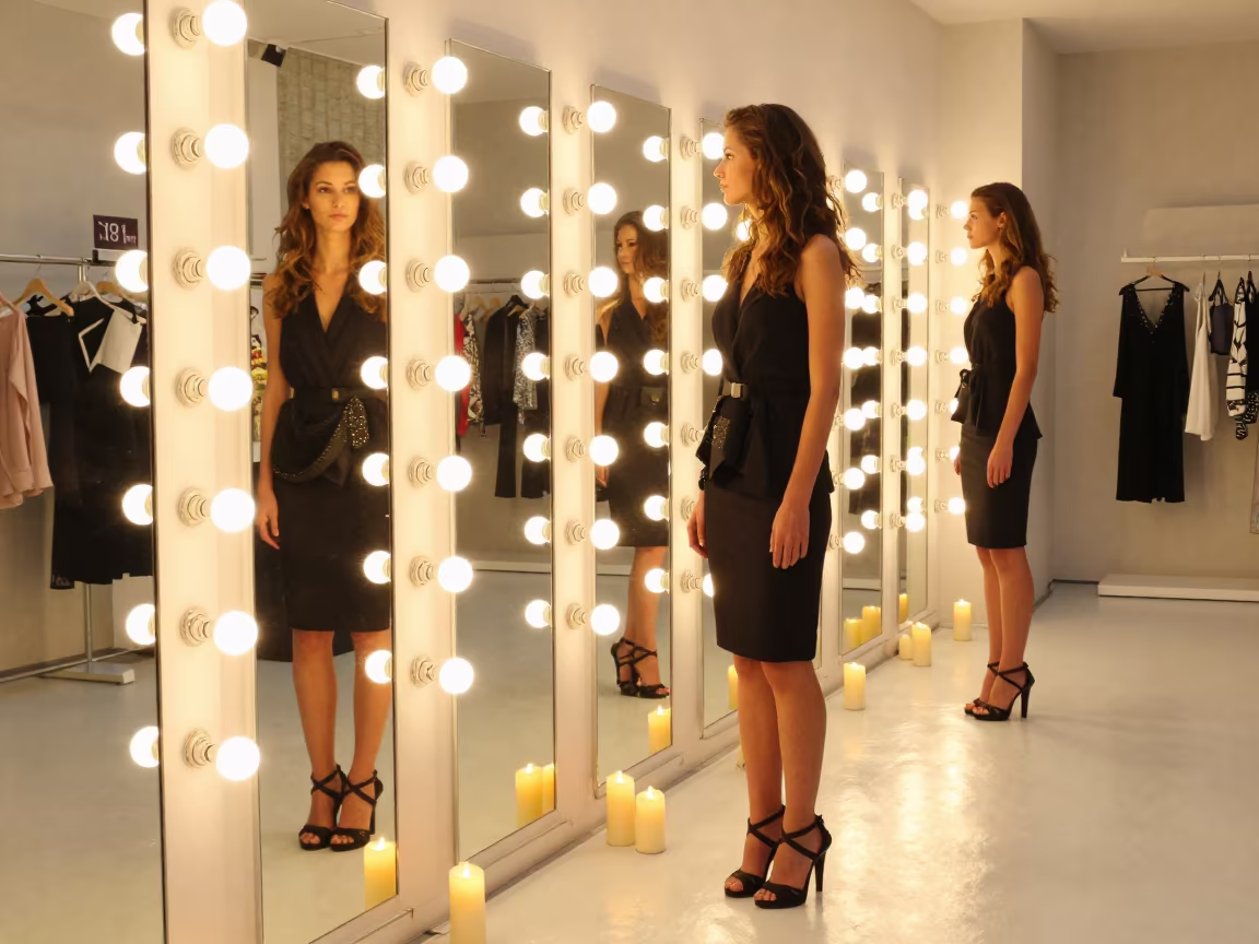 Fashion Showroom Fit Mirror Wall Breda in beside a mirror lined with makeup bulbs in Breda