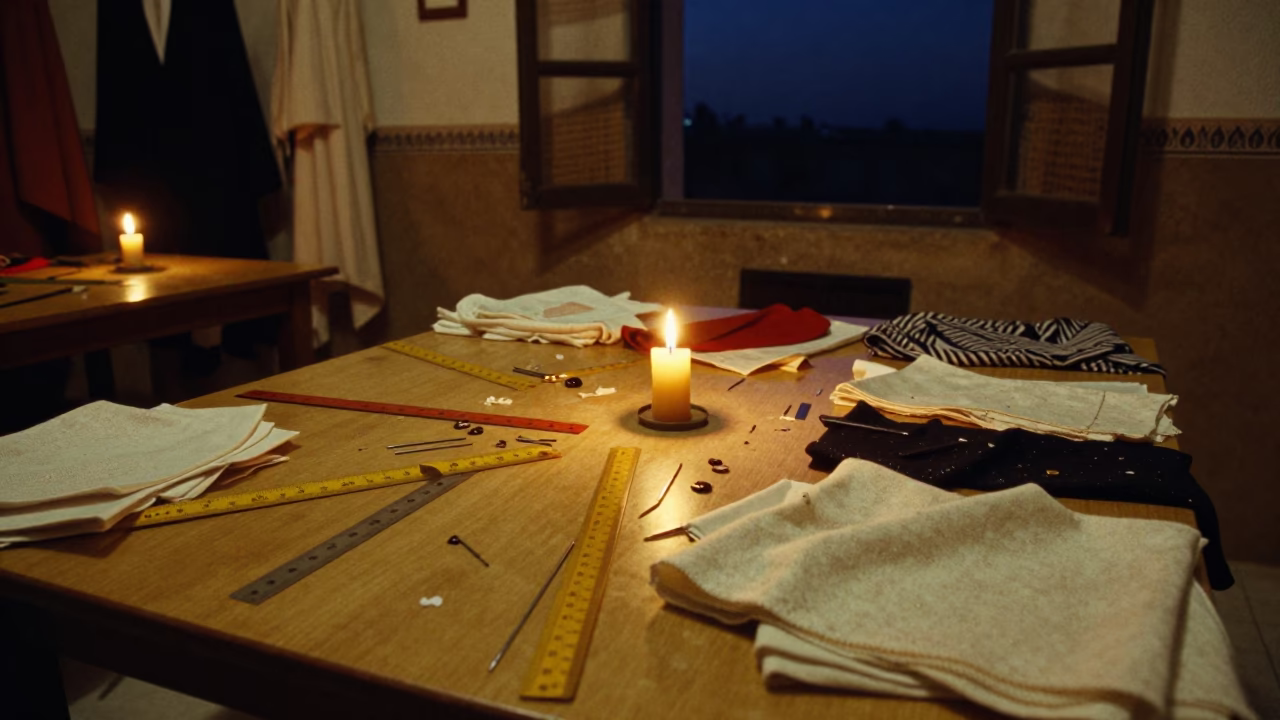 Fashion Table Under Candlelight in Fez Night in under runway rehearsal lights in Fez el-Bali, Fez