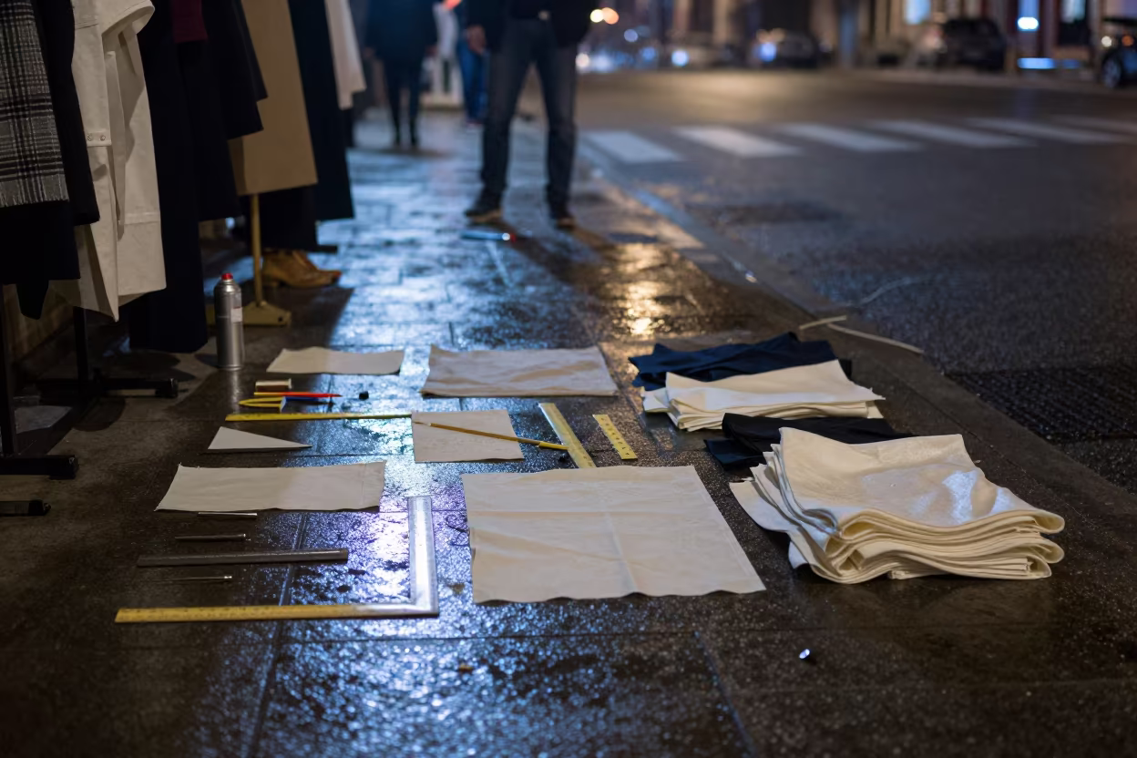 Fashion Tools on Al Mokattam Sidewalk Night in on a rain-darkened city sidewalk in Al Mokattam