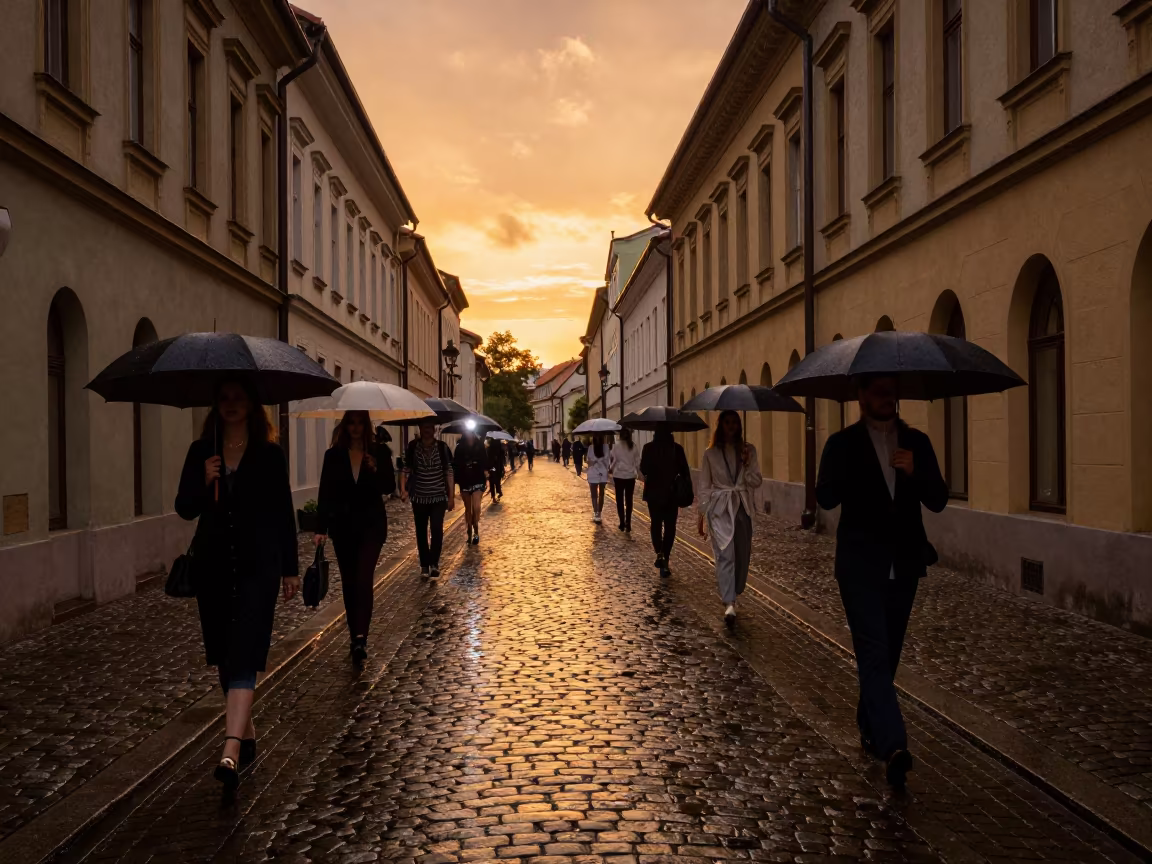 Fashion Week Amber Light Zabrze Street in in a stone lane between old facades in Zabrze