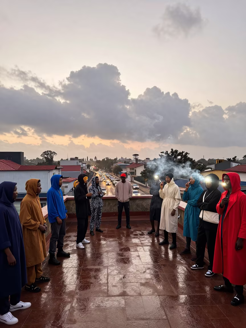 Fashion Week Courtyard Dawn Smoke Flashes Moshi in on a rooftop above evening traffic in Moshi