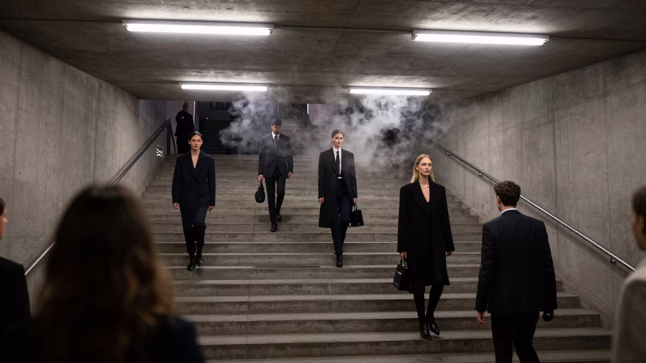 Fashion Week Editors in Night Stairwell in under runway rehearsal lights in Leipzig