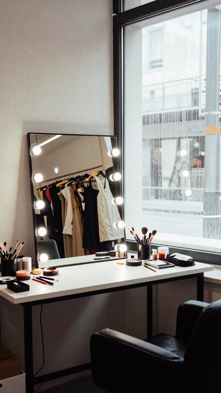 Fashion Week Makeup Station Mirror Reflection in inside a couture atelier in Bursa