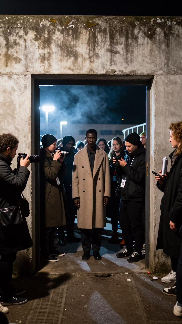 Fashion Week Night Harbor Wall Neon in against a wind-beaten harbor wall in Okene