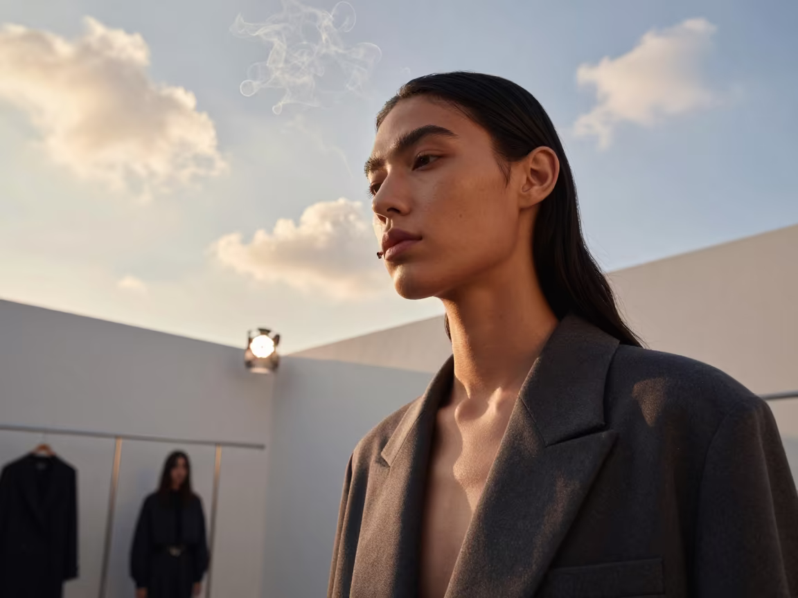 Fashion Week Showroom Close-Up with Smoke in inside a minimalist showroom in Changsha