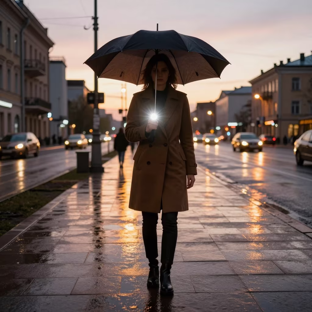 Fashion Week Sidewalk Amber Sunset Rain in on a rain-darkened city sidewalk in Yekaterinburg