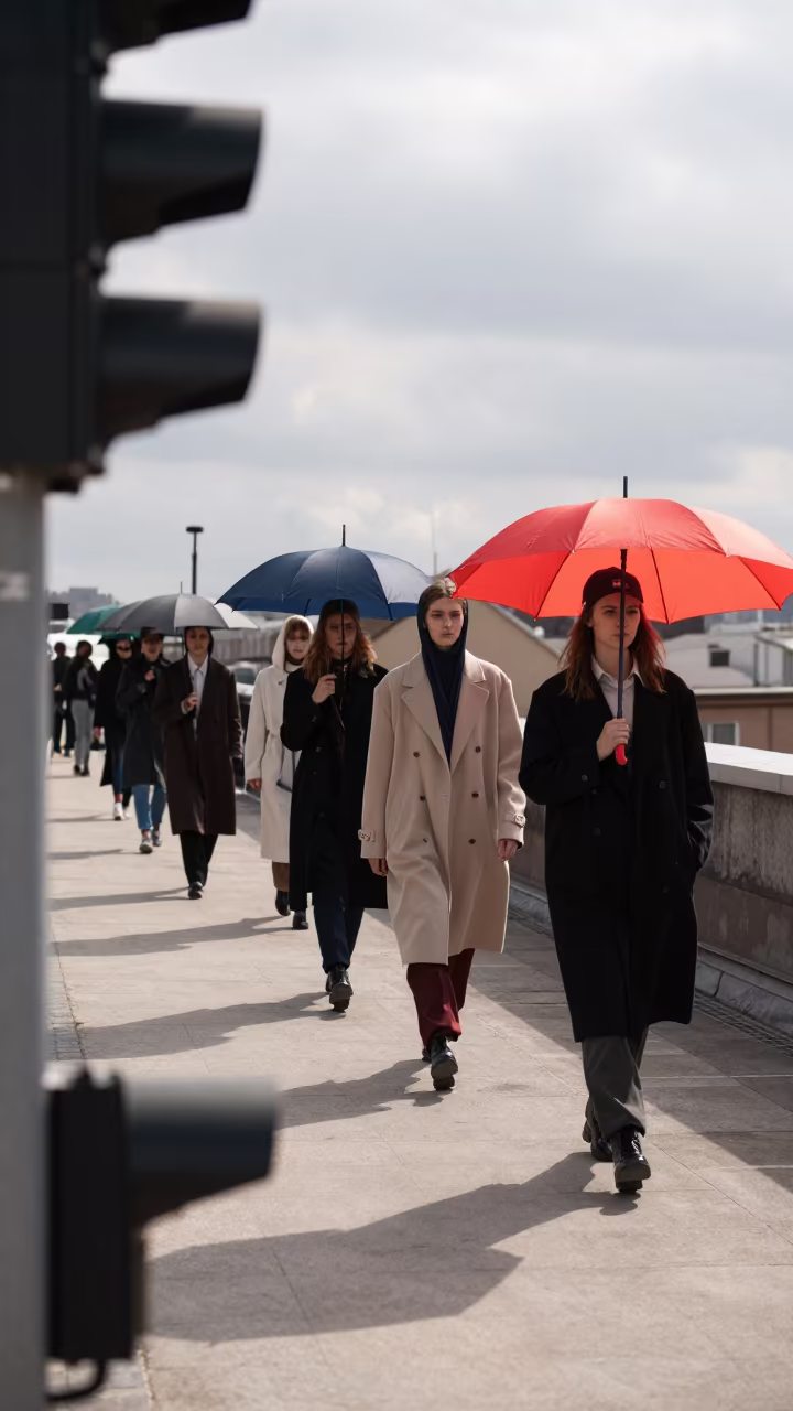 Fashion Week Sidewalk Umbrellas Morning Light in on a rooftop above evening traffic in Daska