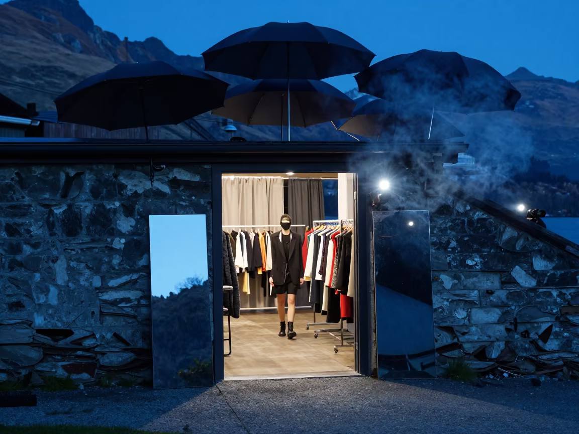 Fashion Week Umbrellas Harbor Wall Twilight in against a wind-beaten harbor wall in Queenstown