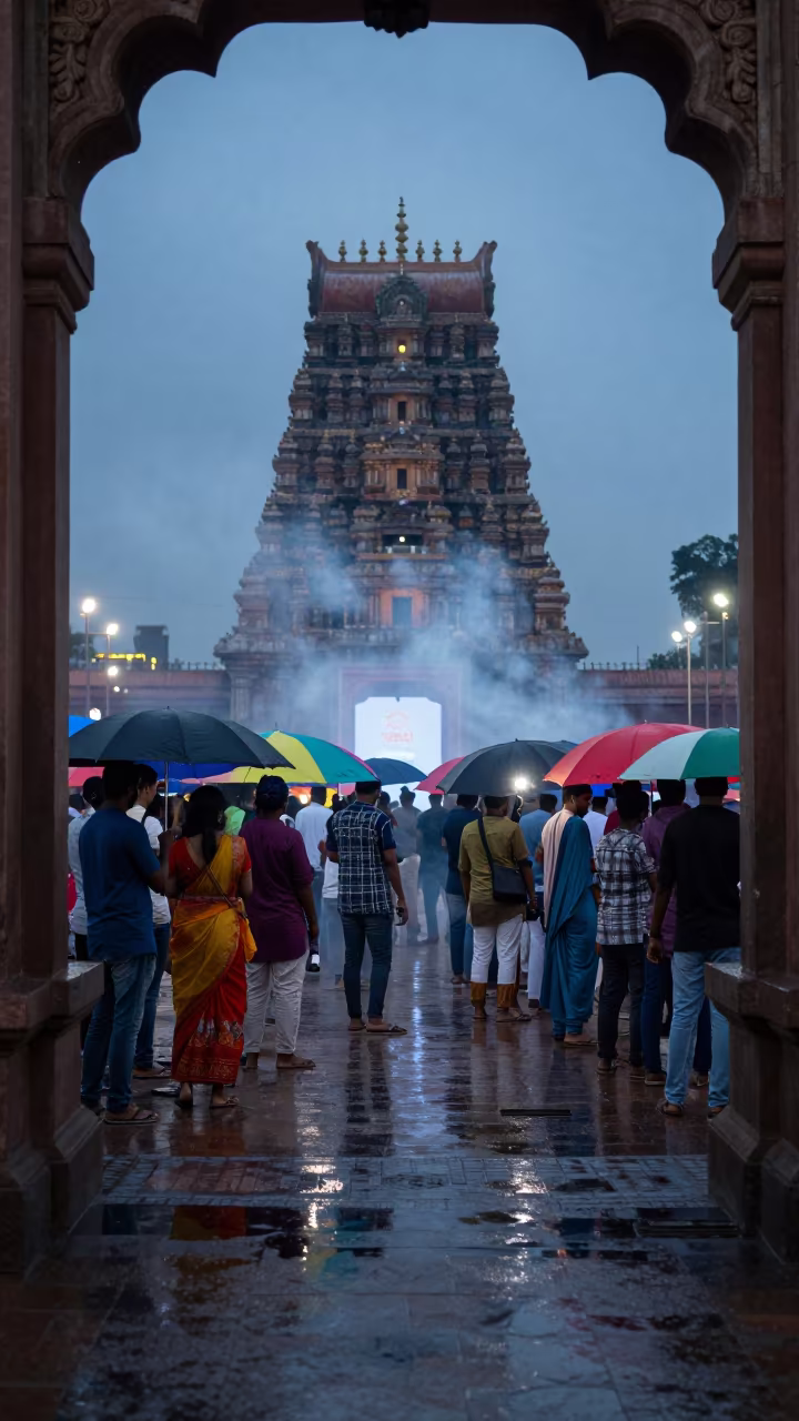 Fashion Week Umbrellas Smoke Thanjavur Plaza in across a reflective public plaza in Thanjavur