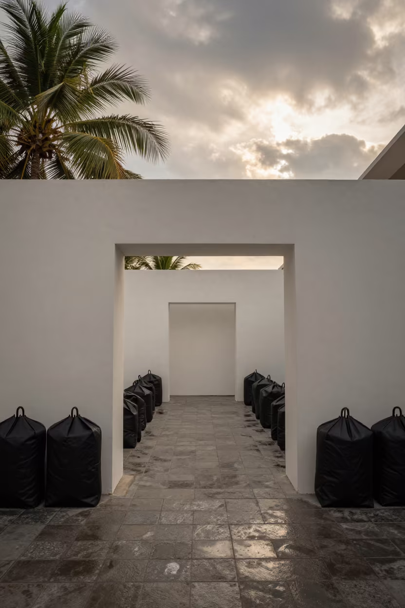 Fashion Week Umbrellas Rolling Over Wet Stone in inside a minimalist showroom in Khairpur