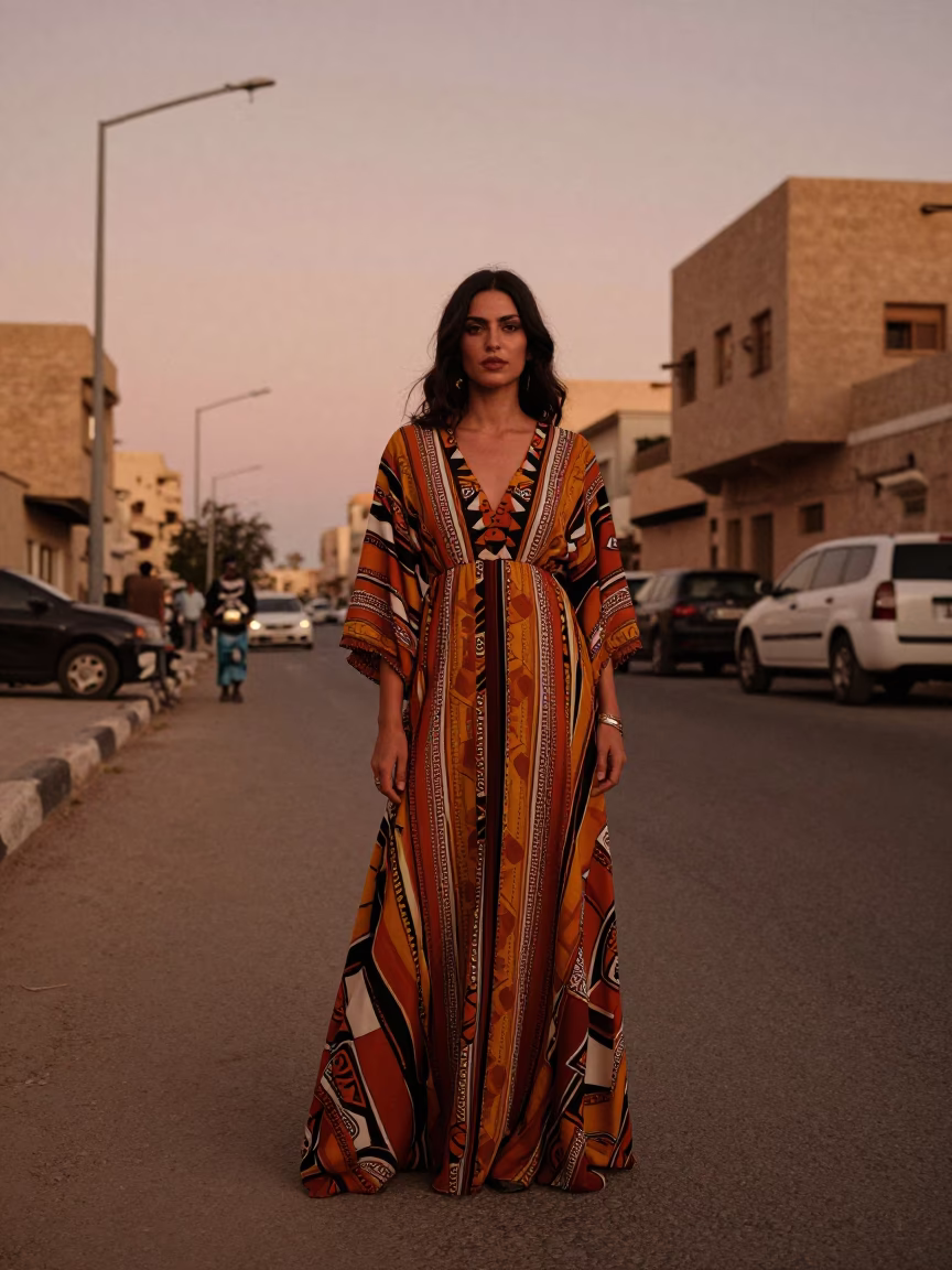 Fashion Woman in Alexandria at Copper-toned Light Before Dusk in in Alexandria, Egypt