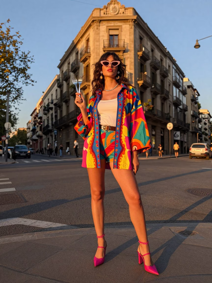 Fashion Woman in Barcelona at Honeyed Evening Light in in Barcelona, Spain
