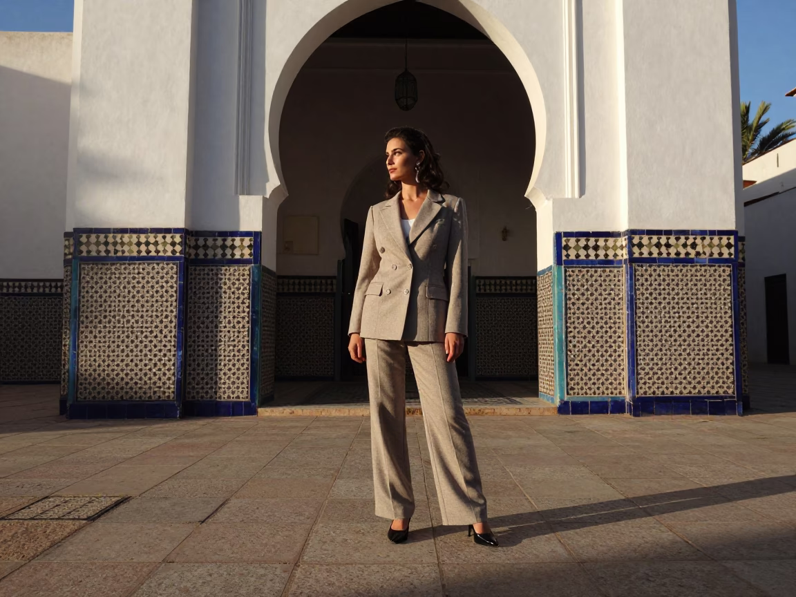 Fashion Woman in Casablanca at The Late Afternoon Light in in Casablanca, Morocco
