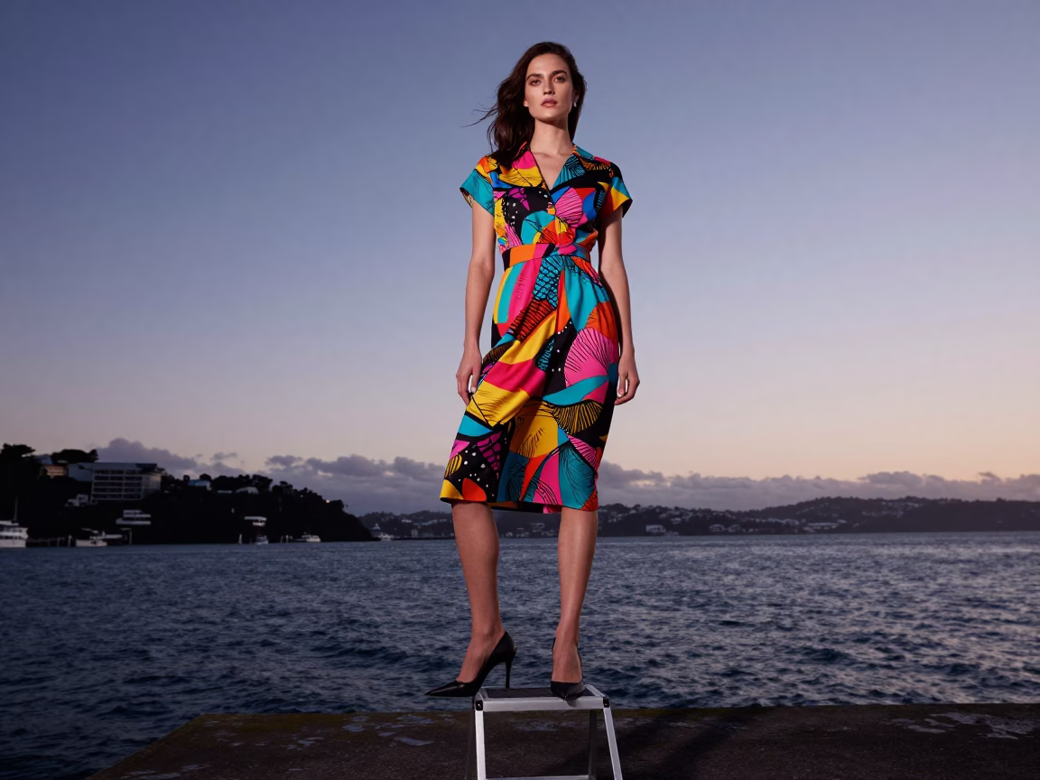 Fashion Woman in Wellington at Nautical Dawn Light in in Wellington, New Zealand