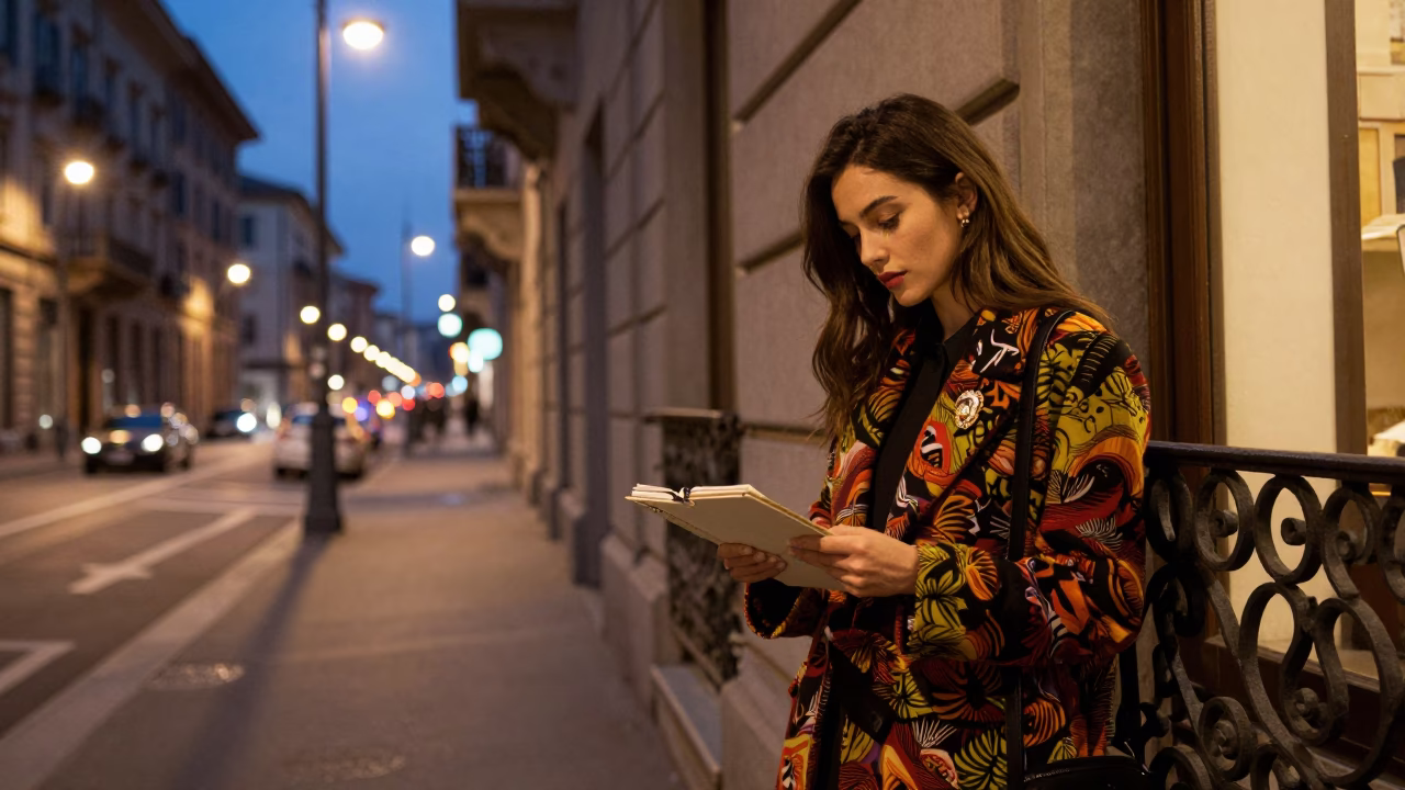 Fashionable Woman after dark in Milan in in Milan, Italy
