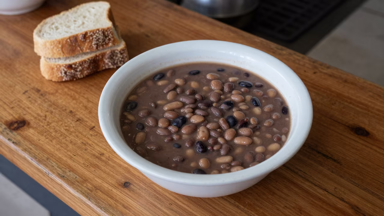 Fasolia Bean Stew and Bread at Bucaramanga Counter in at a noodle counter in Bucaramanga