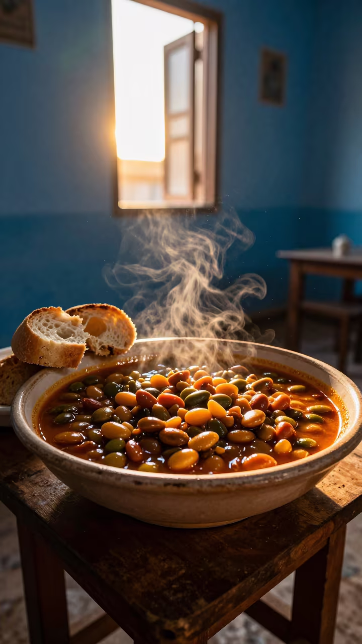 Fasolia Bean Stew with Bread at Sunset in Kismayo in on a small dining table by a window in Kismayo