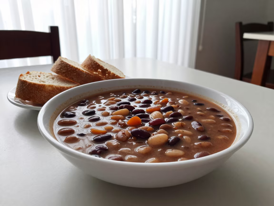 Fasolia Bean Stew Bread Window Light in on a small dining table by a window in Campinas