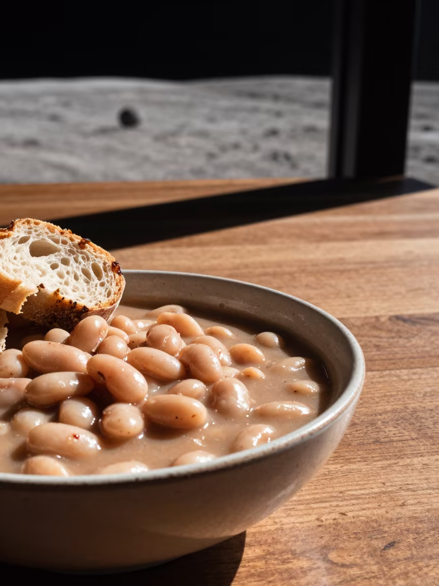 Fasolia Stew and Bread on Lunar Table in on a small dining table by a window in Leon