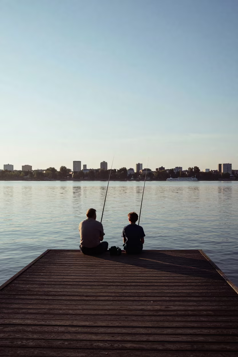 Father and Son Fishing at Dawn in Bucharest in in Bucharest