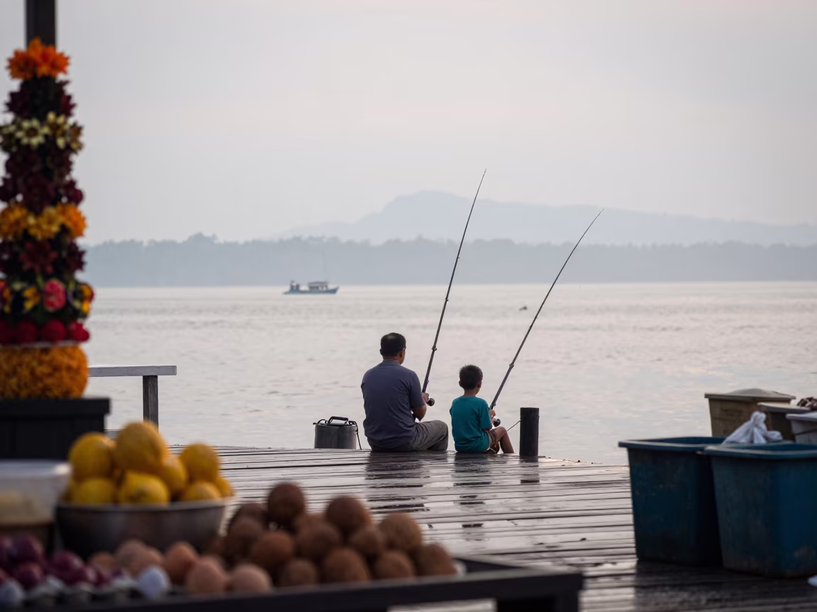 Father Son Fishing Dawn Makassar Dock in at a public square in Makassar