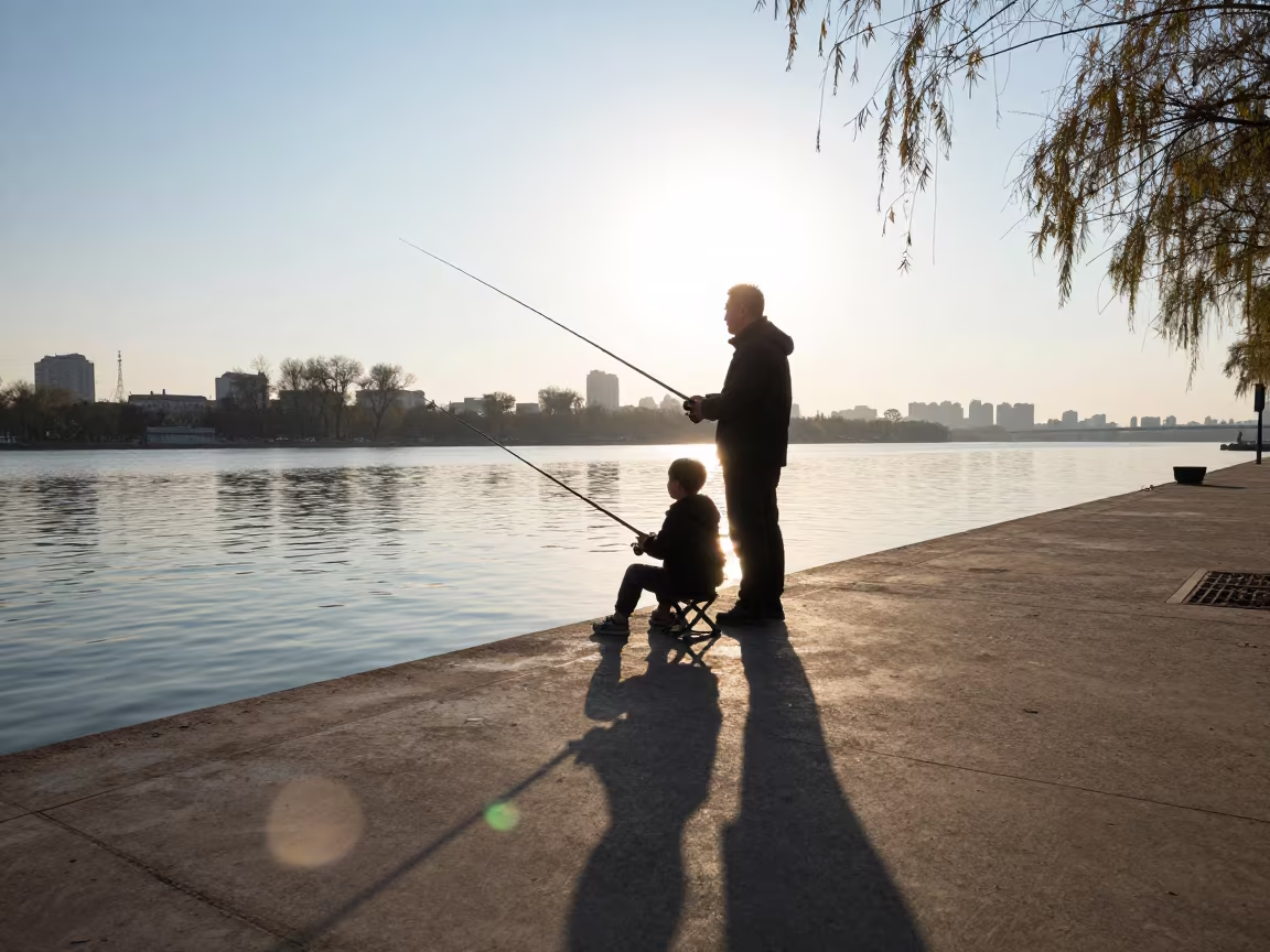 Father Son Fishing Dawn Zhengzhou Dock in in Zhengzhou