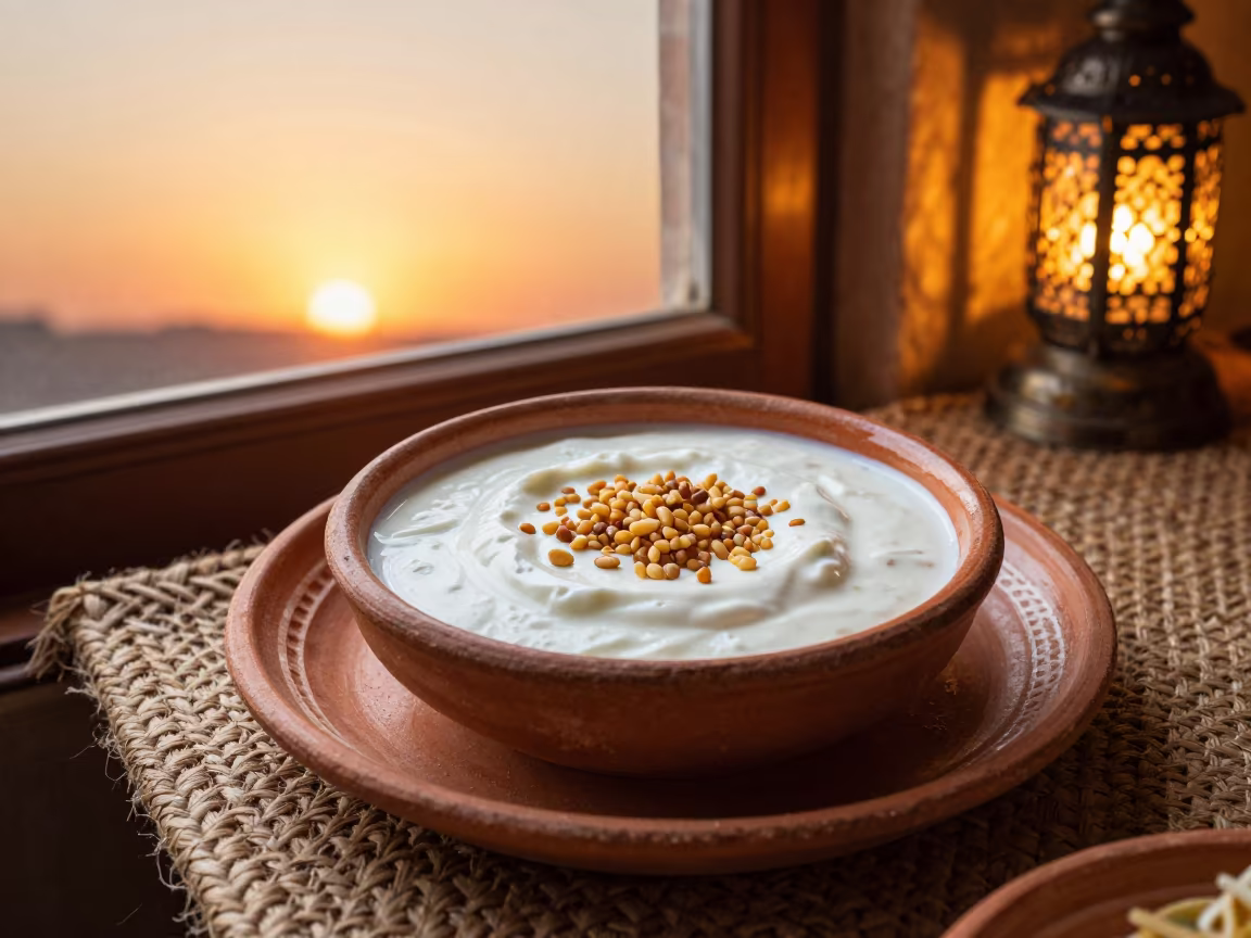 Fatteh Bowl with Yogurt Pine Nuts Ghardaia Sunset in on a tea house tray in Ghardaia