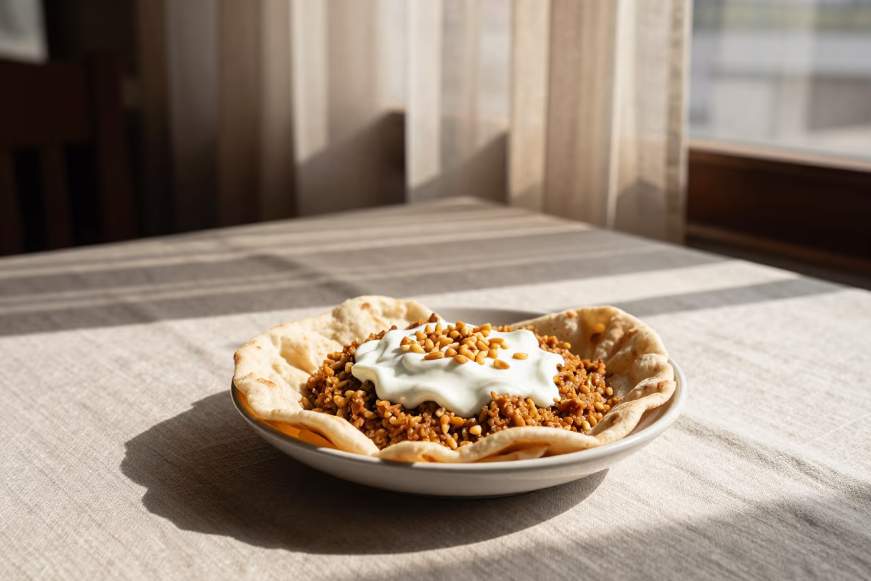 Fatteh Bowl with Yogurt and Pine Nuts in on a linen-covered restaurant table in Makassar