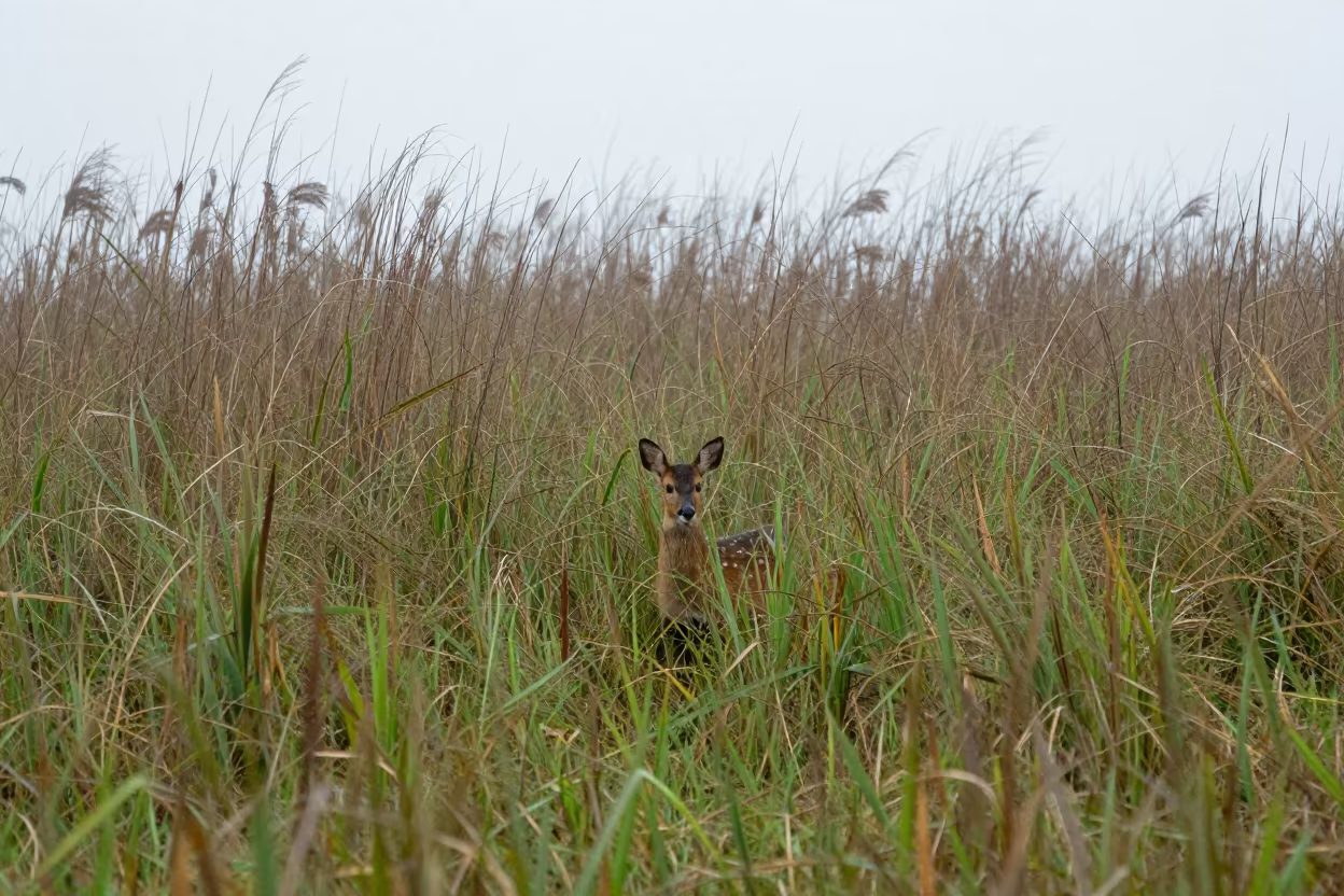 Fawn Hidden in Haitian Reed Bed Grass in at the edge of a reed bed in Haiti