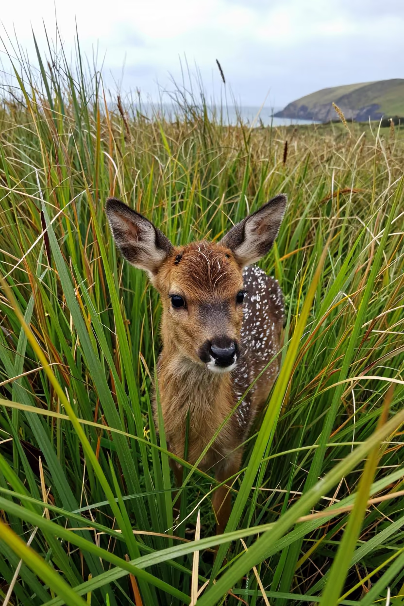Fawn Hidden in Wet Cornish Meadow Grass in in Cornwall