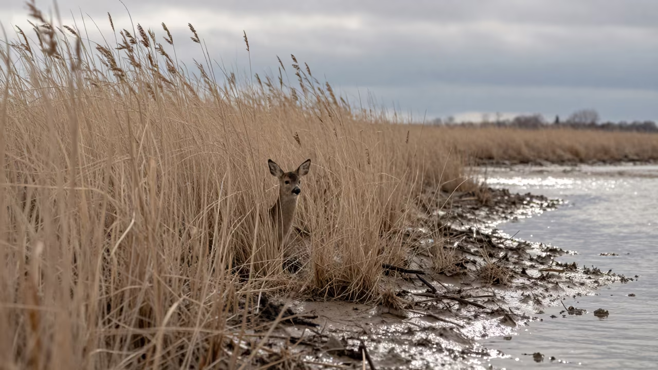 Fawn Hidden in Kansas Winter Grass in beside a tidal inlet in Kansas