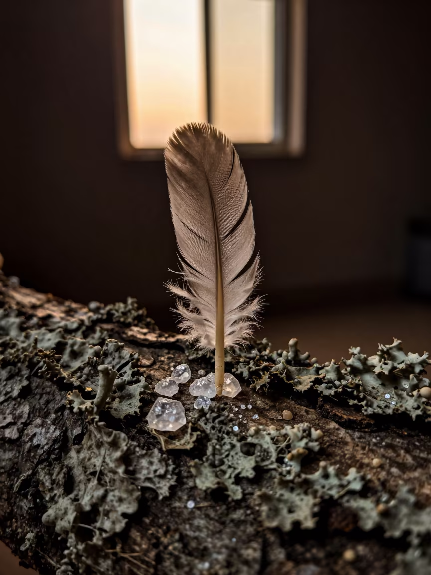 Feather Barb and Mineral Sparkle on Lichen Bark in on lichen-covered bark near Bamako