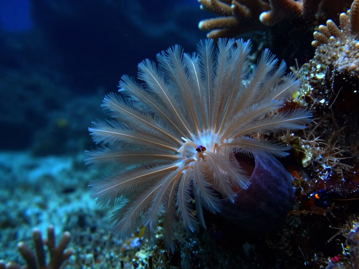 Feather Duster Worm Fanning in Blue Evening Light in along a coral wall with blue water beyond near Cebu