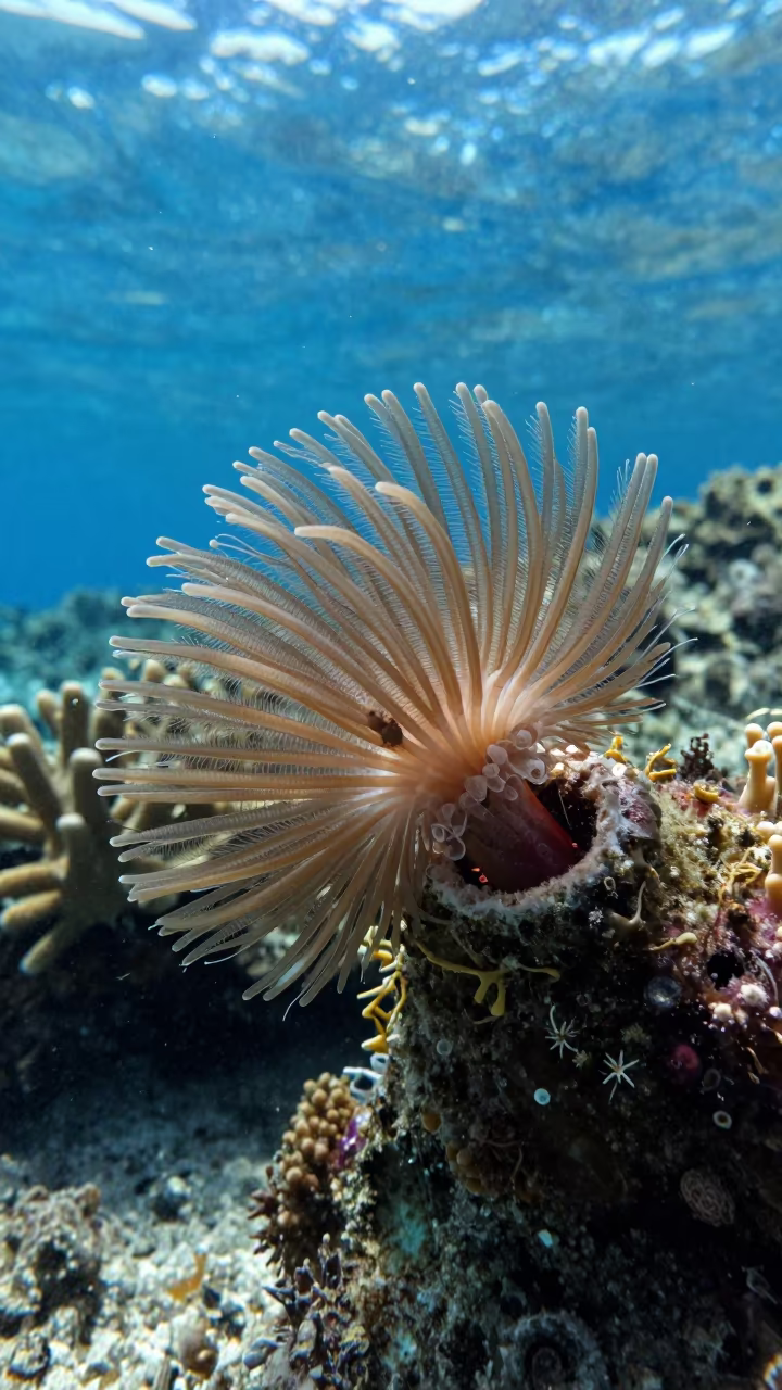Feather Duster Worm Fanning on Cebu Coral in along a coral wall with blue water beyond near Cebu