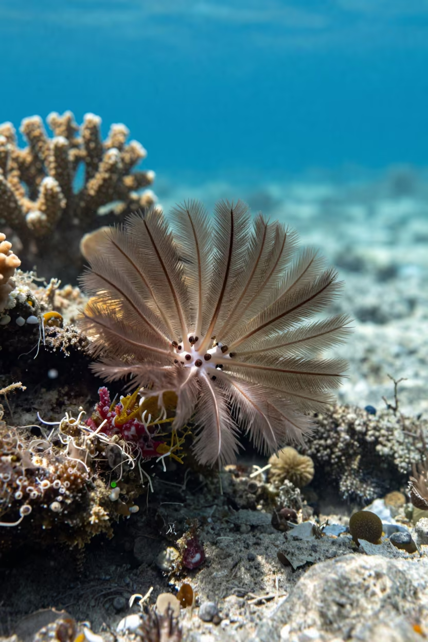 Feather Duster Worm Fanning in Blue Water in along a coral wall with blue water beyond near Denpasar
