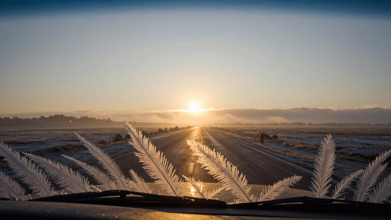Feather Frost on Car Windshield at Sunrise in on a wind-open causeway near Asuncion