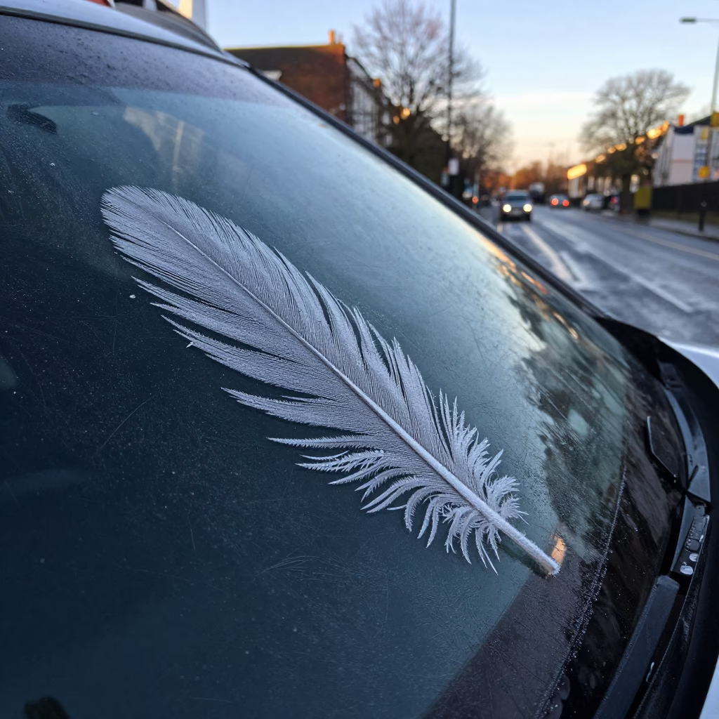 Feather Frost Patterns on Car Windshield in along a switchback approach near Dalston, London