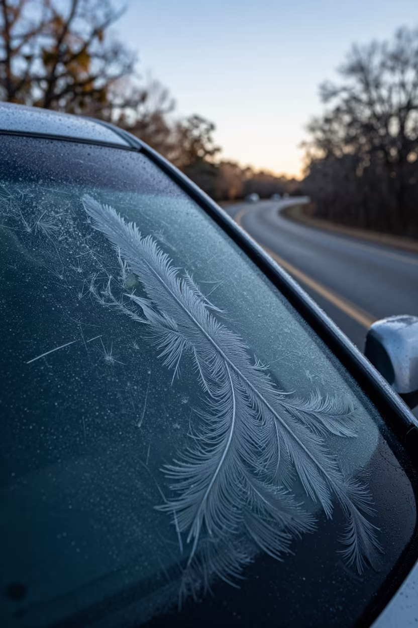 Feather Frost Patterns on Louisiana Windshield in along a switchback approach in Louisiana