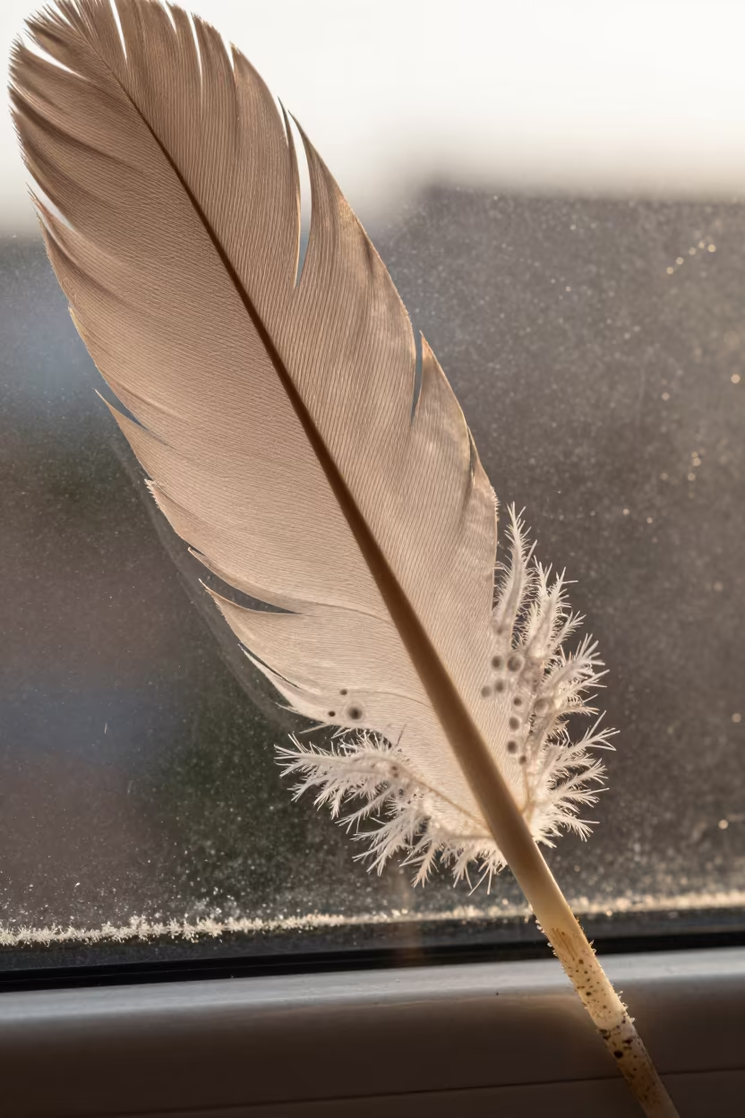Feather Quill Cross Section Dawn Light in along a frost-edged windowpane in Messina