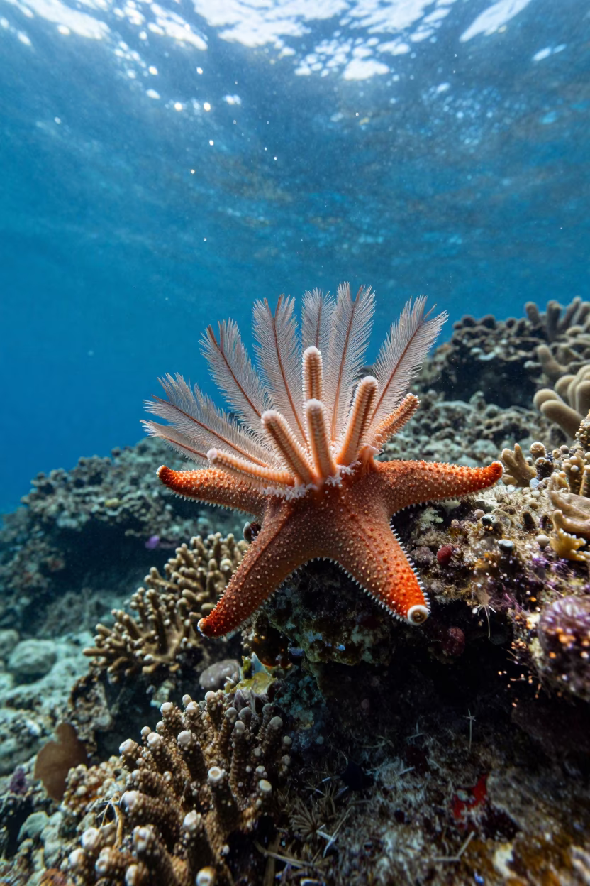 Feather Star Crinoid on Cebu Reef Ledge in beneath a reef ledge in tropical shallows near Cebu