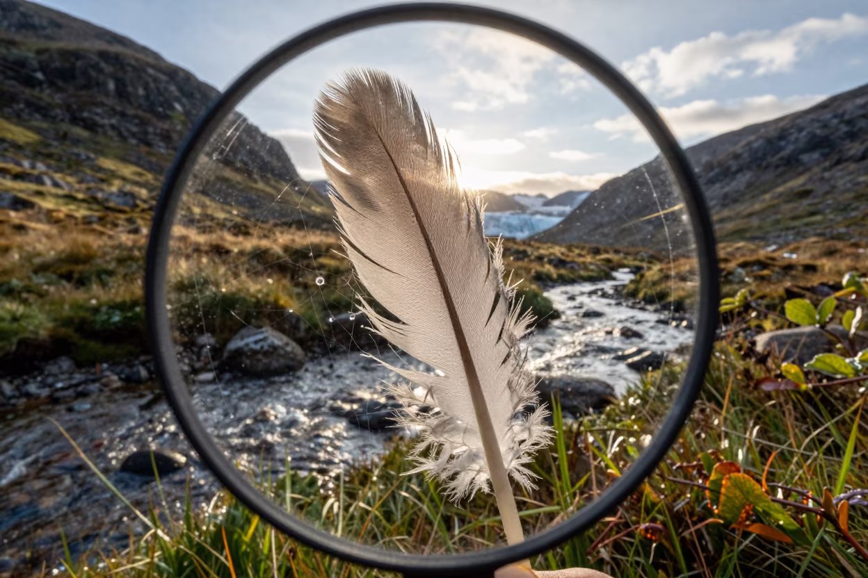 Feather Tangled in Spider Silk Over Glacial Stream in above a glacial stream in the Scottish Isles